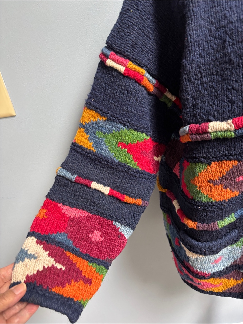 VTG Express Tricot HandKnit Wool Cardigan Sweater Chunky Colorful Geometric Boho - Picture 11 of 16